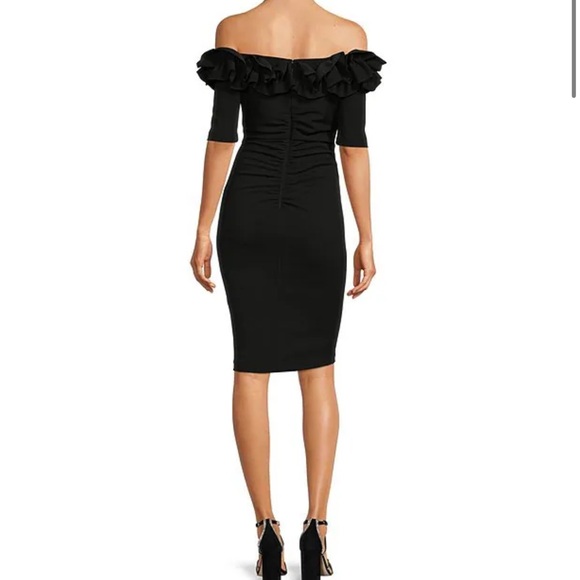 Xscape Off-the-Shoulder Ruffle Neck Short Sleeve Stretch Scuba Crepe Dress - Picture 6 of 16